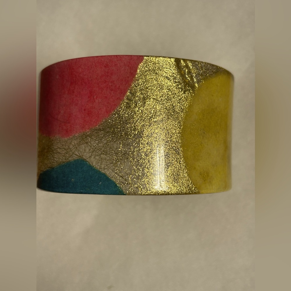 Acrylic art 2 inch bangle, gold base with the yellow and pink and green